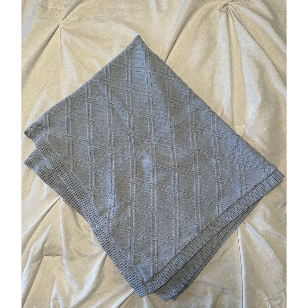 Nordstrom Baby Receiving Blanket Blue Cotton knitted diamond pattern Unisex